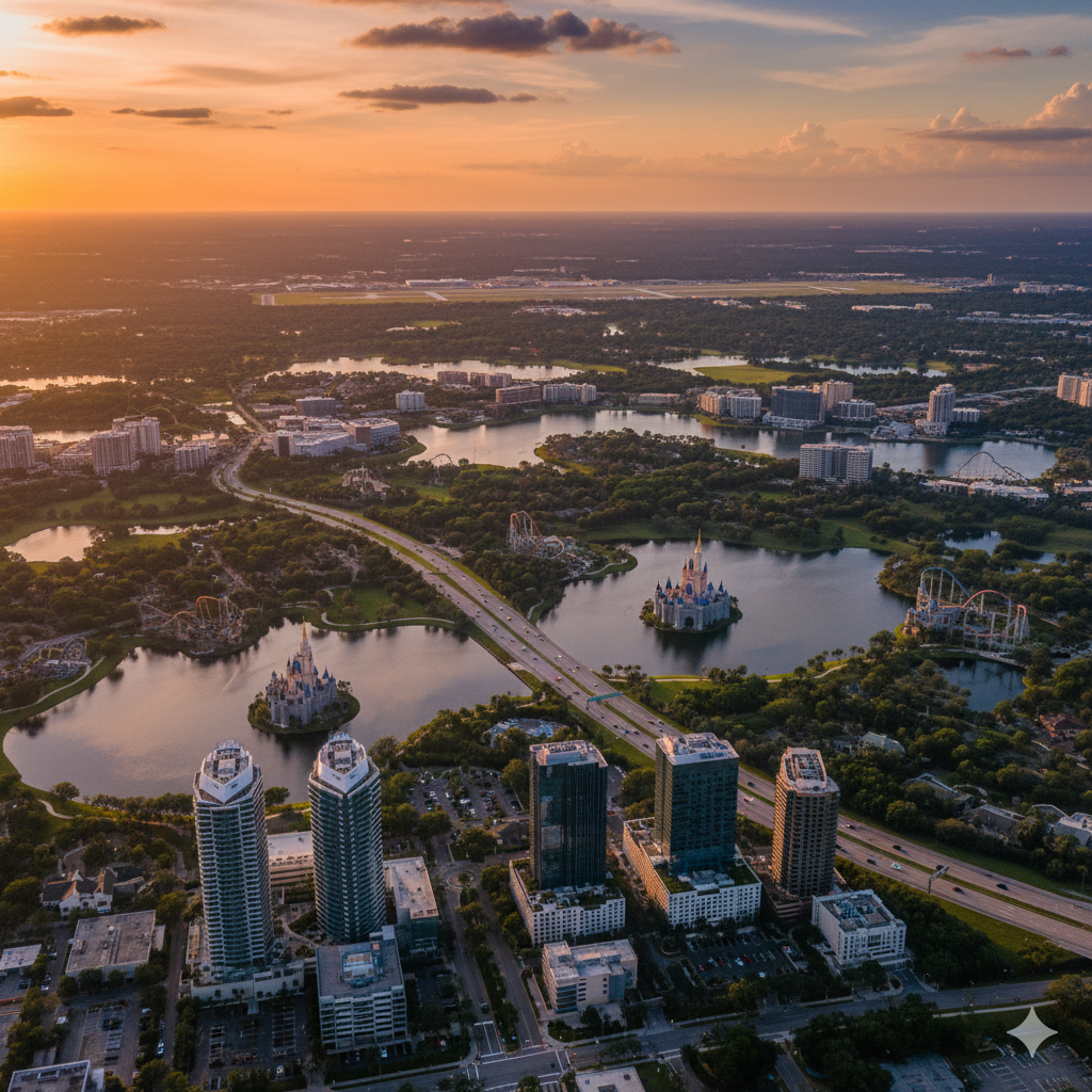 Vista aérea panorâmica de Orlando mostrando Icon Park, Lake Eola e Downtown