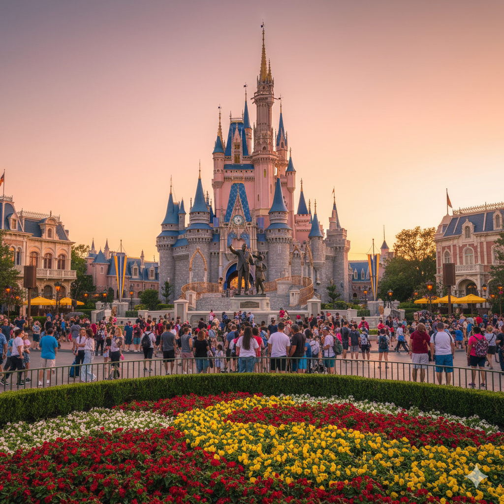 Castelo da Cinderela iluminado ao entardecer no Magic Kingdom, Walt Disney World Orlando