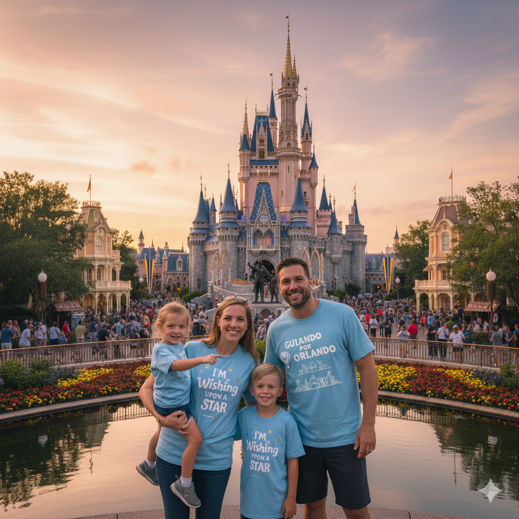 Família sorridente abraçada com Mickey Mouse no Magic Kingdom Disney World