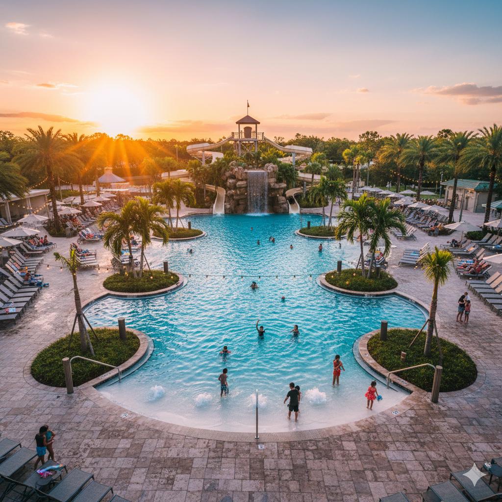 Piscina resort estilo tropical com tobogãs e bar aquático em Orlando