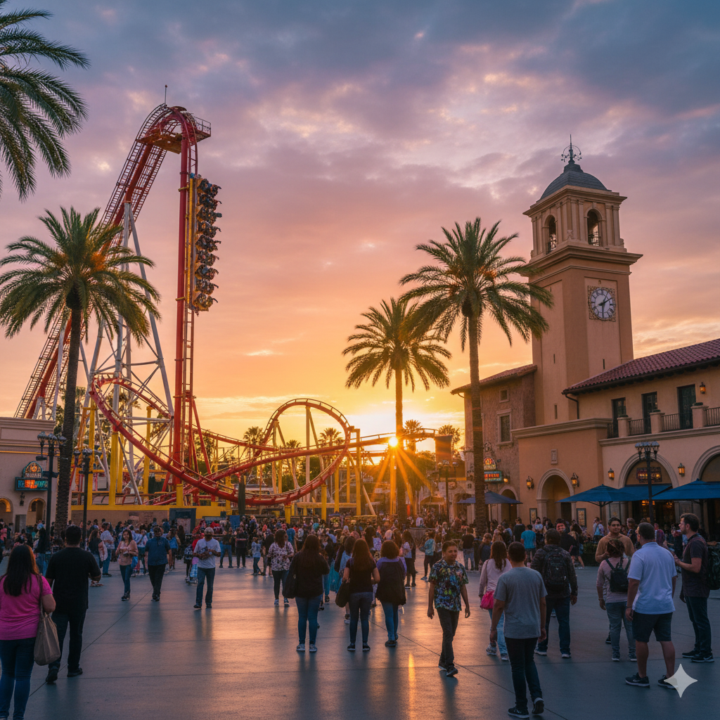 Portal de entrada dos Universal Studios Florida com globo icônico girando